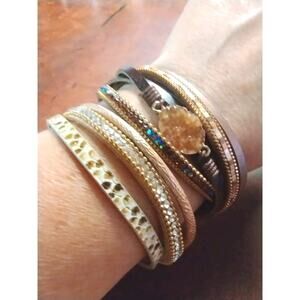 Two Multi Layer Wrap Beaded Snakeprint Faux Leather Druzy Crystal Bracelets